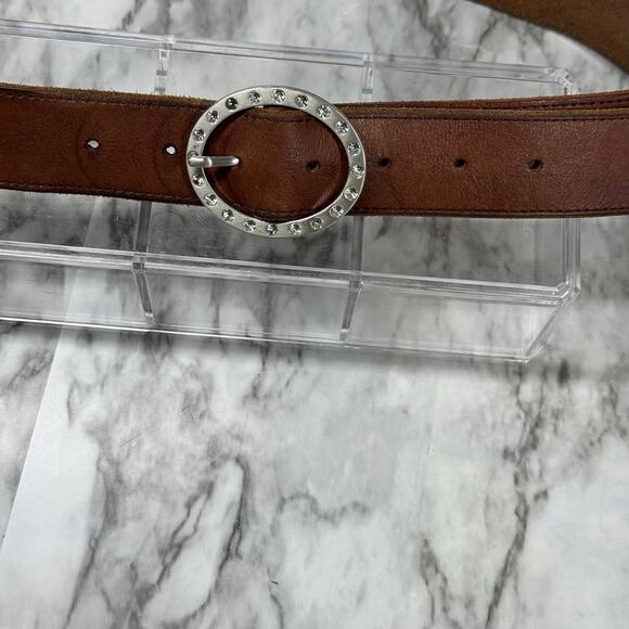 VTG American Eagle Outfitters Brown Leather Belt Womens Small Rhinestone Buckle - Picture 1 of 8